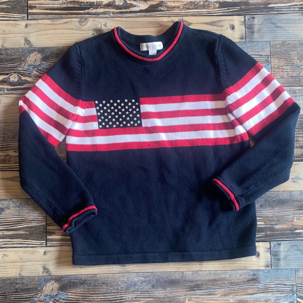 Vintage Casual Corner Navy and Red Striped Festive Crewneck Sweater